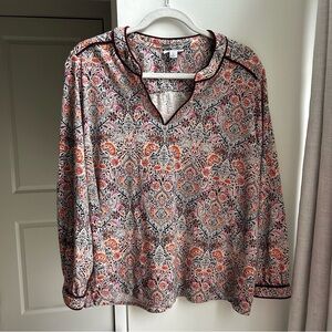 J. Jill Multicolor Paisley Print Velvet Lined Long Sleeve Top Blouse Notch XL